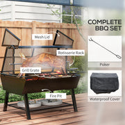 3 in 1 Barbecue Grill Fire Pit and Rotisserie Roaster with Protective Cover, Black