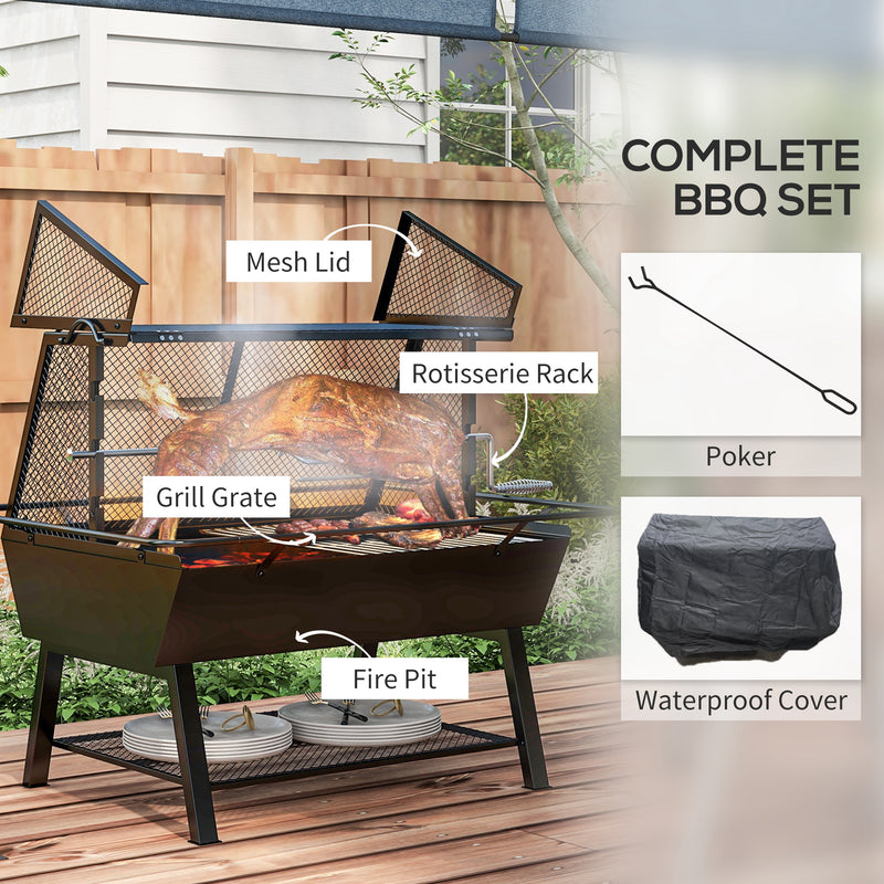 3 in 1 Barbecue Grill Fire Pit and Rotisserie Roaster with Protective Cover, Black
