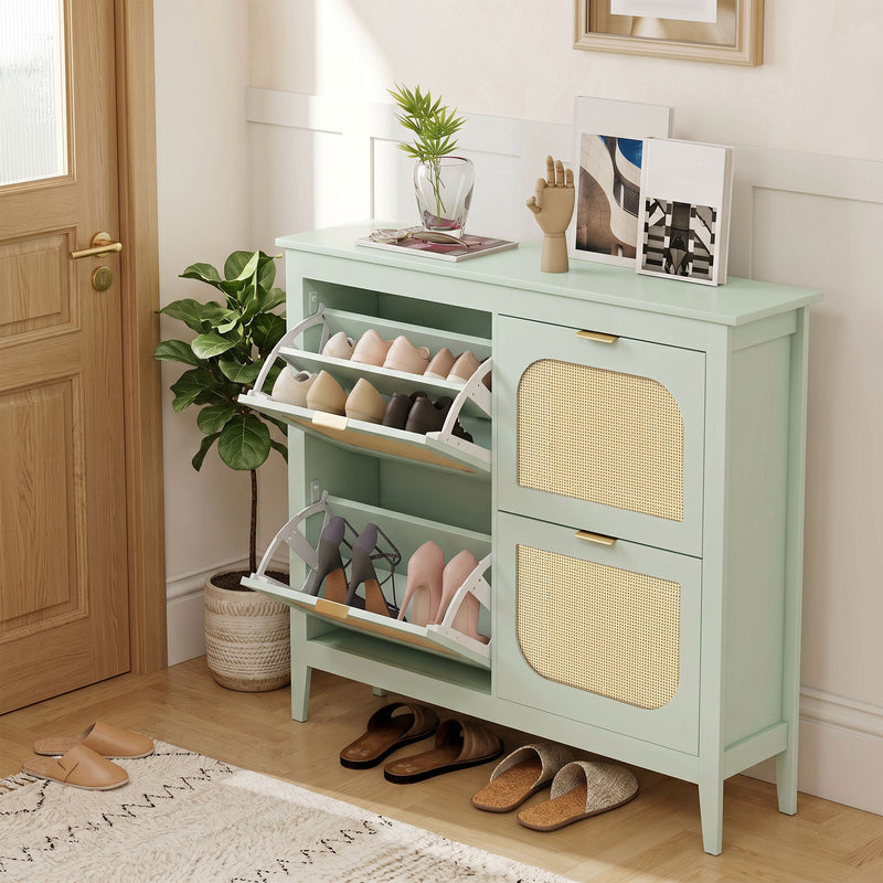 Shoe Cabinet with Flip Drawers for Hallway Storage Slim Space Saving Design Light Green