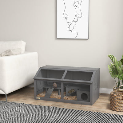 Wooden Hamster and Gerbil Cage with Suspension Bridge and Opening Top, Grey