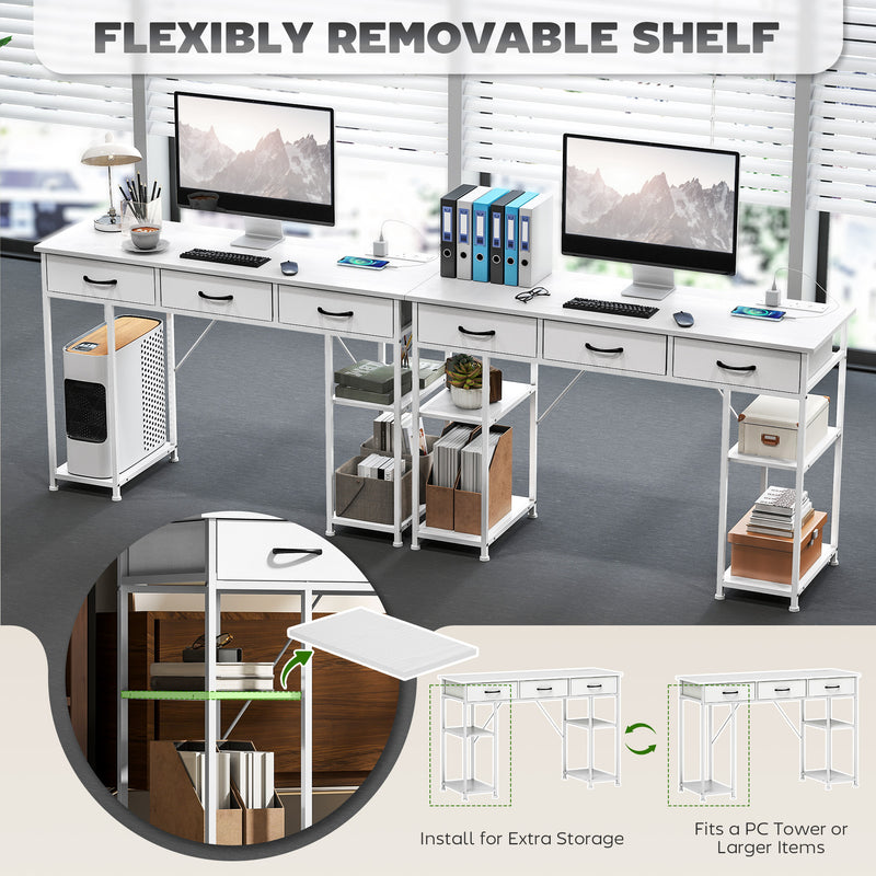 White 120cm Computer Desk with Power Outlets 3 Drawers and 4 Storage Shelves for Home Office