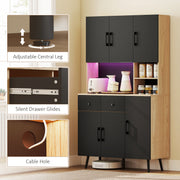 Tall Kitchen Storage Cabinet with LED Lighting and Adjustable Shelves, Oak and Black