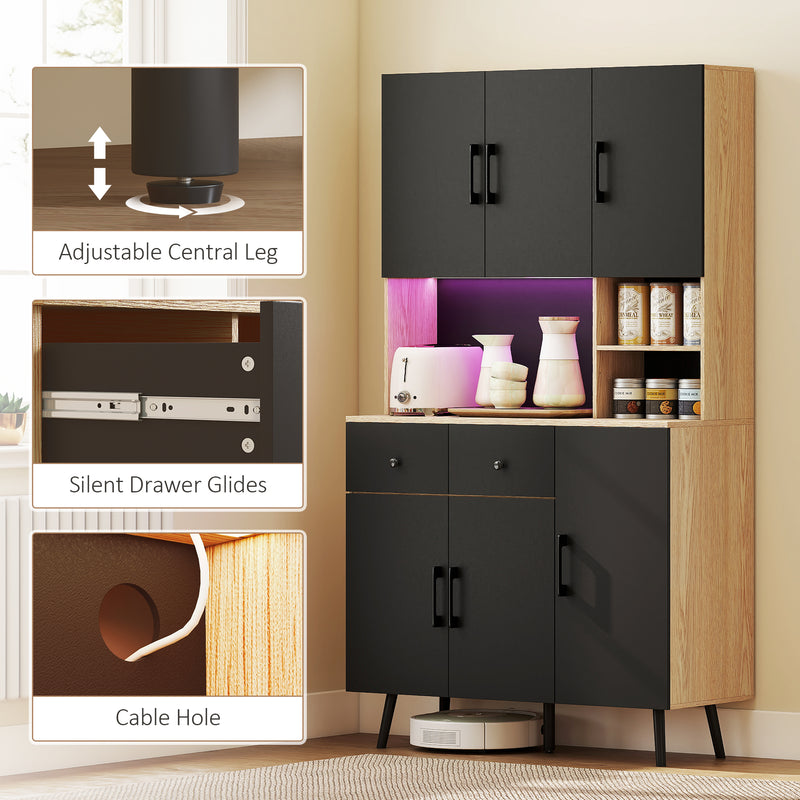 Tall Kitchen Storage Cabinet with LED Lighting and Adjustable Shelves, Oak and Black