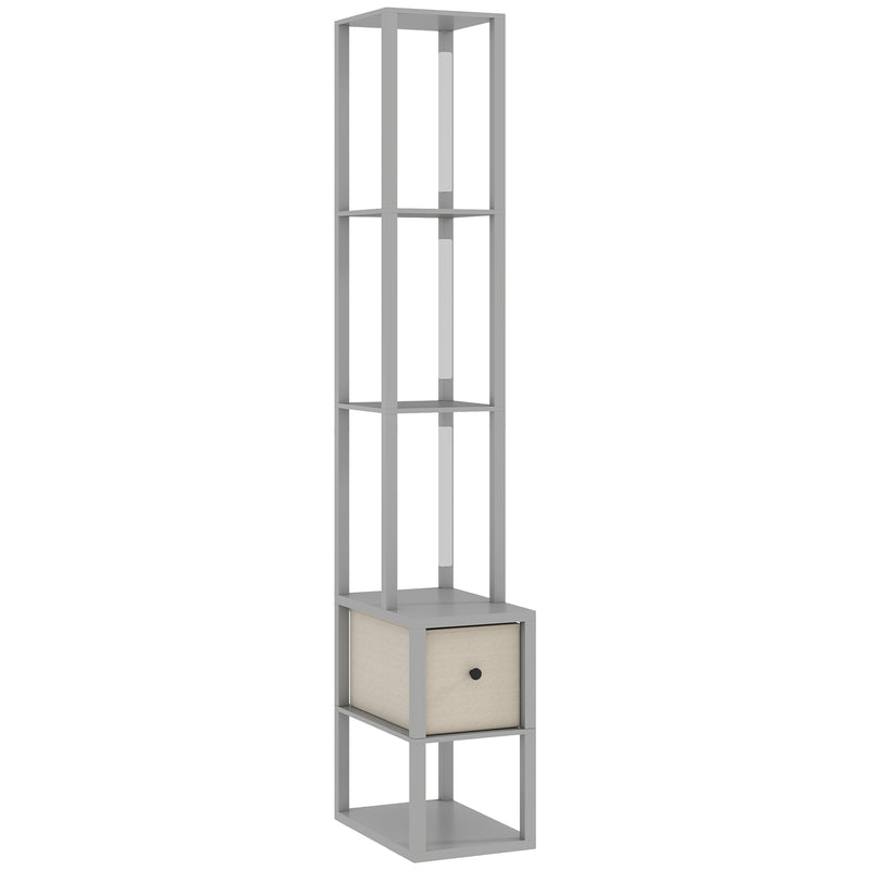 LED Floor Lamp with Shelves and Fabric Drawer Adjustable Brightness for Living Room Grey