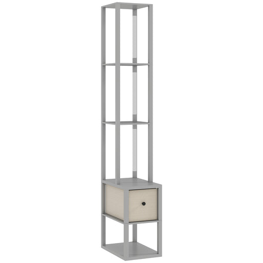 LED Floor Lamp with Shelves and Fabric Drawer Adjustable Brightness for Living Room Grey