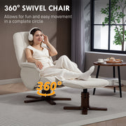 Linen Swivel Recliner Armchair with Footstool and Wooden Base for Living Room Comfort Beige