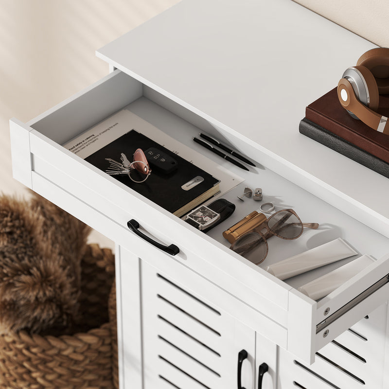 White Shoe Storage Cabinet For Hallway with Louvered Doors Adjustable Shelves and Drawer 78x37x115cm Homcom