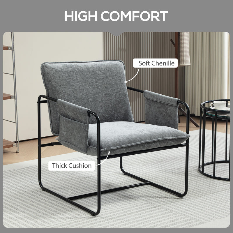 Grey Minimalist Padded Accent Chair with Side Pockets by HOMCOM