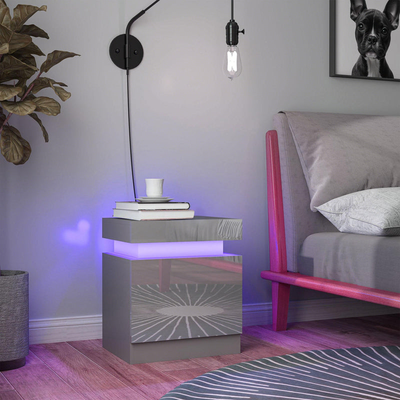 Bedside Table with Adjustable LED Lighting and Two Drawers for Organised Bedroom Storage Grey