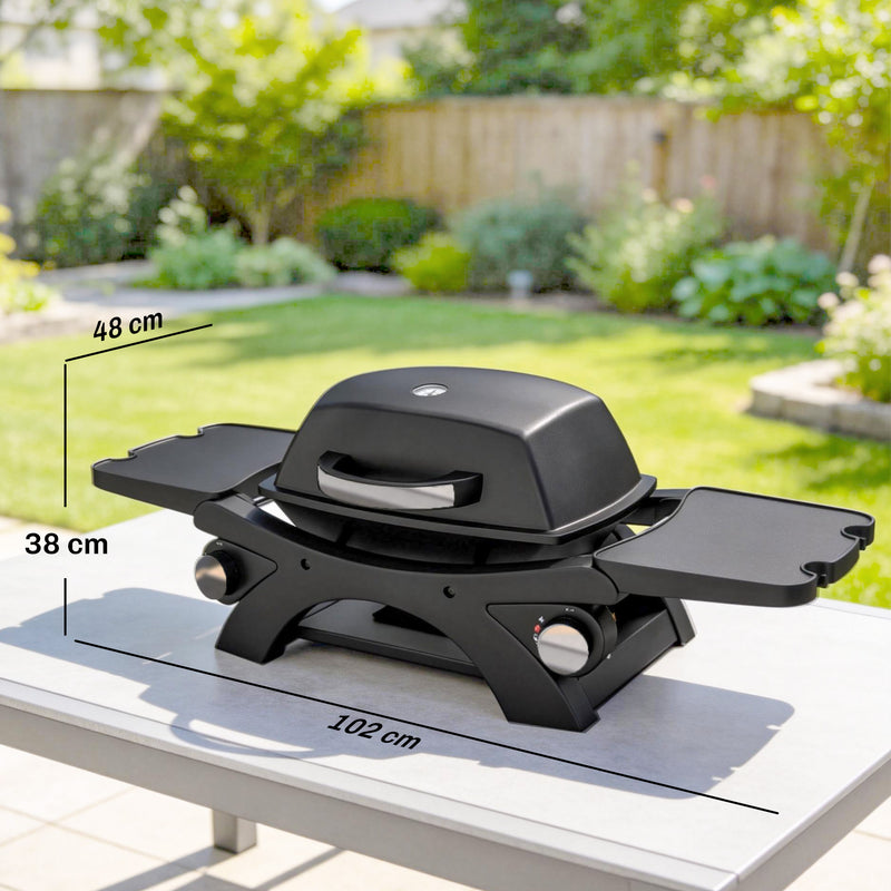 Portable 2 Burner Gas BBQ with Side Tables for Small Gardens and Camping Black Outsunny