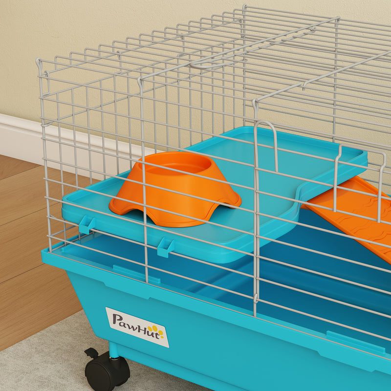 Small Animal Cage with Deep Base and Easy Access Doors for Rabbits and Guinea Pigs Blue AOSOM