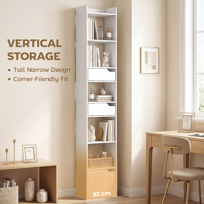 Slim Corner Bookcase with Shelves Drawers and Cabinet for Small Spaces White Wood Effect