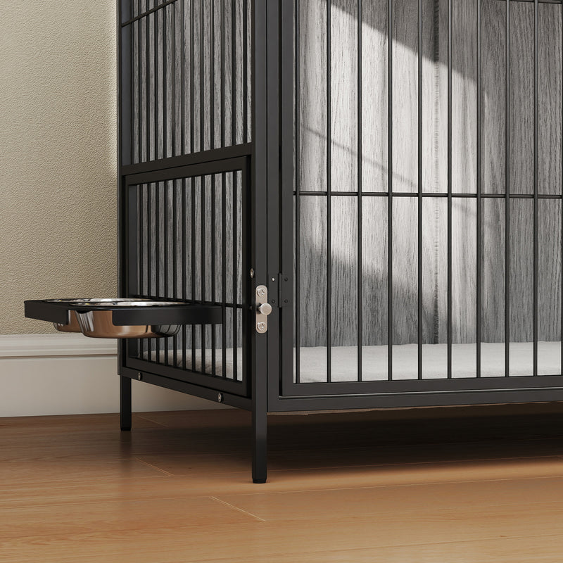 Large Dog Crate Furniture With Rotating Bowl Holder and Double Doors for Indoor Use, Grey