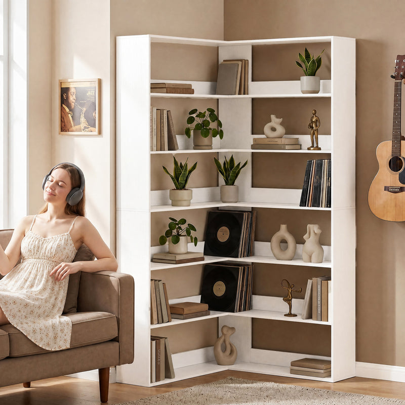 Corner Bookcase with 7 Open Shelves for Small Room Storage White Wood Effect