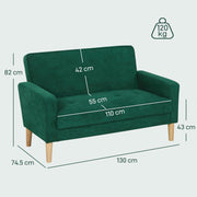 Two Seater Velvet Feel Sofa with Cushioned Seats for Living Room Comfort, Green