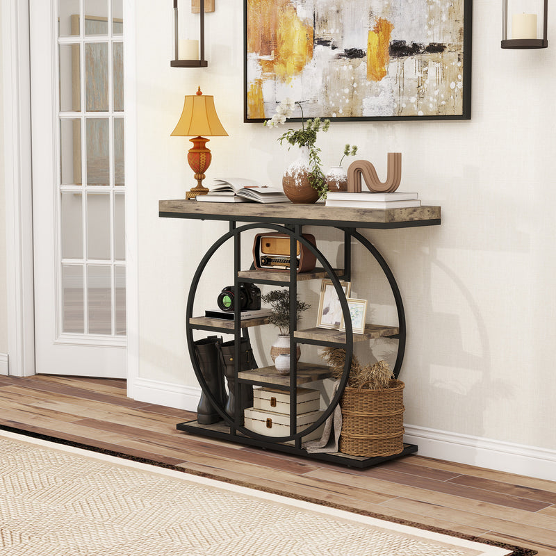 Industrial Console Table with Open Storage Shelves for Hallway or Living Room Rustic Brown AOSOM