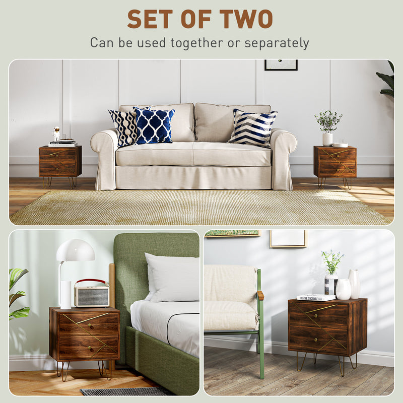 Set of 2 Brown Wooden Bedside Tables with Drawers and Gold Hairpin Legs by HOMCOM