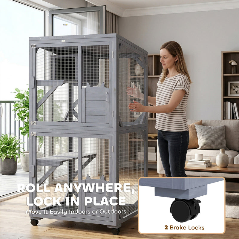 Rolling Outdoor Cat Enclosure With Three Levels for Easy Garden Access Dark Grey Pawhut