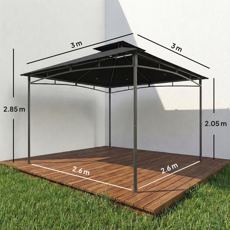 3x3m Metal Garden Gazebo with 2 Tier Canopy for All Weather Shelter and Gatherings, Black Outsunny