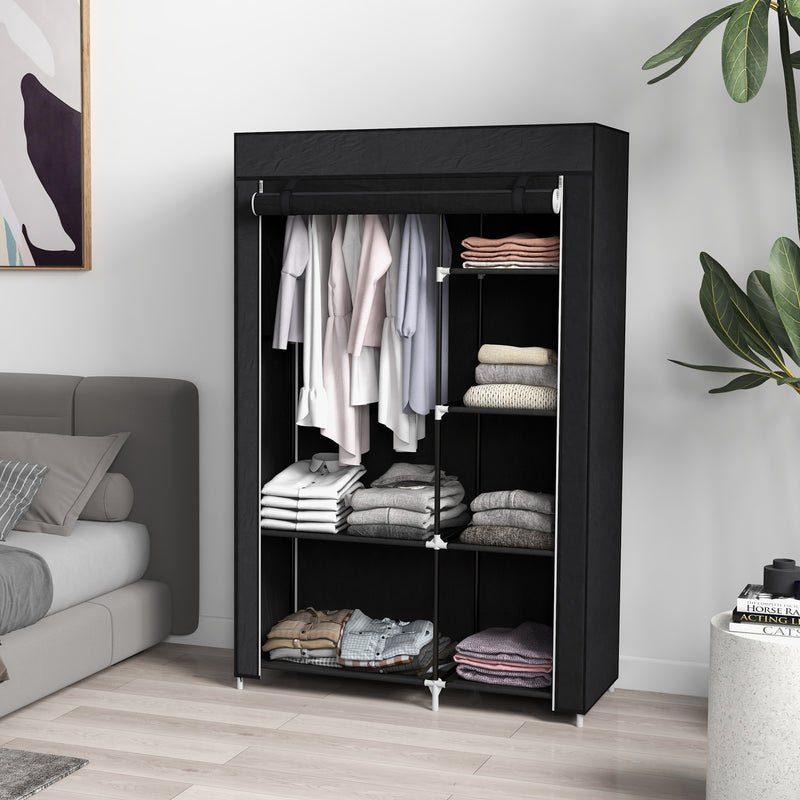 Portable Fabric Wardrobe with Shelves and Hanging Rail Ideal for Bedroom Storage Black