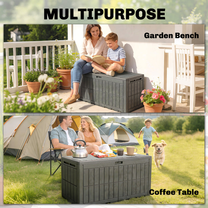 440L Waterproof Plastic Garden Storage Box With Bench Seat For Garden Tools & Cushions Wood Effect Coffee