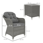 3 Piece Rattan Bistro Set with Cushions and Glass Table for Garden and Balcony Light Grey by Outsunny