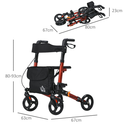 Folding Lightweight Rollator Walker with Seat Backrest Storage Bag and Brakes Red AOSOM