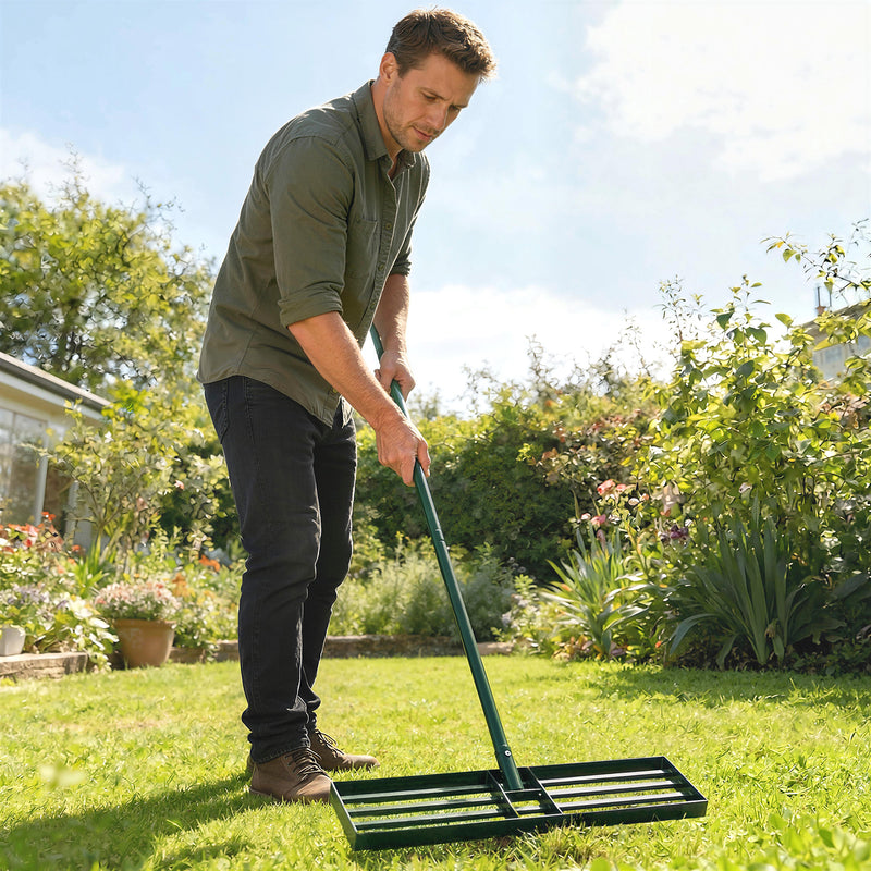Lawn Levelling Rake for Smoothing Grass and Soil with Wide Head and Adjustable Handle Green