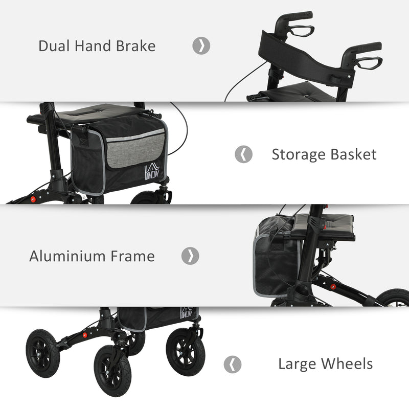 Folding Rollator Walker with Padded Seat Backrest Storage Bag and Brakes Black by HOMCOM AOSOM