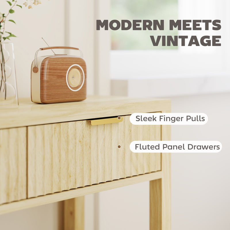 Modern Console Table with Fluted Drawers and Shelf for Hallway or Living Room, Natural Wood Finish