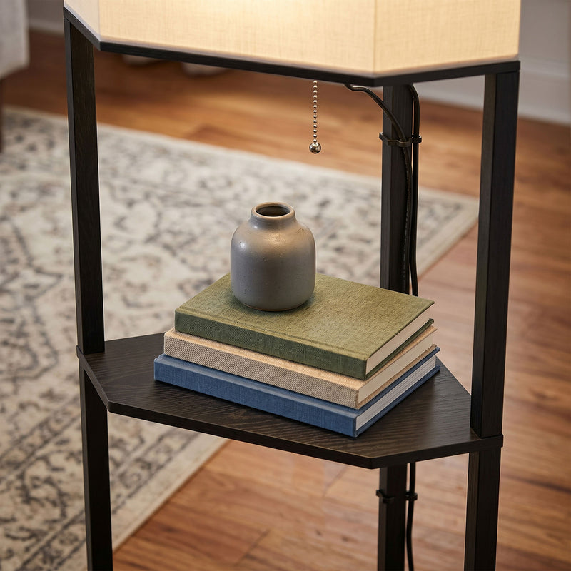Floor Lamp with Shelves for Extra Storage and Adjustable Lighting Black Beige