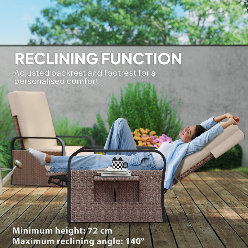 Brown Rattan Garden Recliner Chair With Cushion Side Tray And Footrest by Outsunny