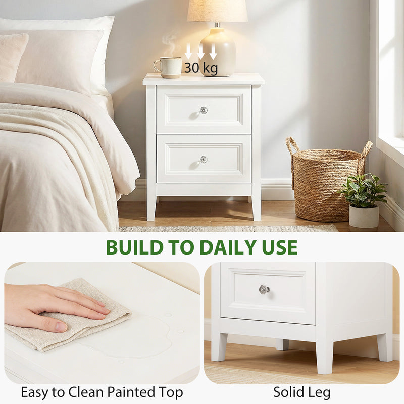 Bedside Table with 2 Drawers for Organised Bedroom Storage White Homcom