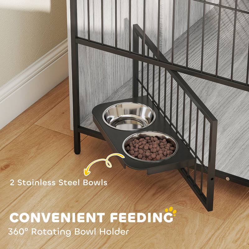 Large Dog Crate Furniture With Rotating Bowl Holder and Double Doors for Indoor Use, Grey