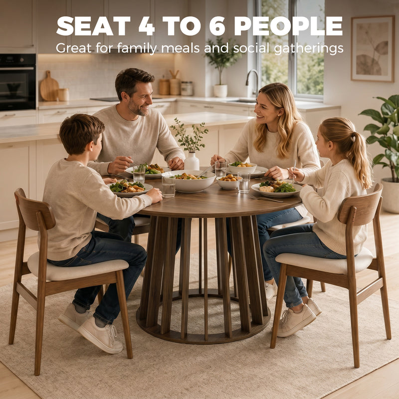 Round Dining Table for Easy Family Meals Wipe Clean Surface Seats 4 to 6 Light Walnut