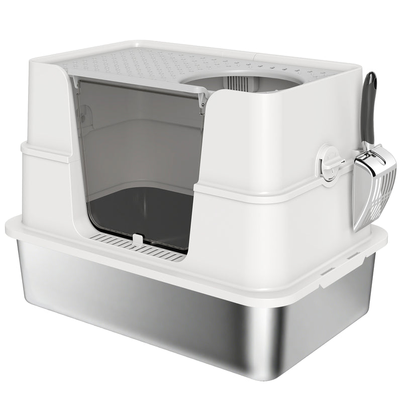XL Enclosed Stainless Steel Cat Litter Box With Flip Top and Dual Entry Easy Clean, Silver
