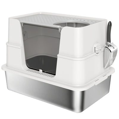 XL Enclosed Stainless Steel Cat Litter Box With Flip Top and Dual Entry Easy Clean, Silver PawHut