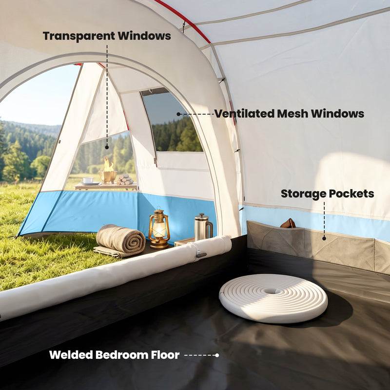 Outsunny 6-8 Person Tunnel Tent, Camping Tent with Bedroom, Living Room, Sewn-in Floor, 3 Doors and Carry Bag, 2000mm Water Column for Fishing, Hiking, Sports, and Traveling, Blue
