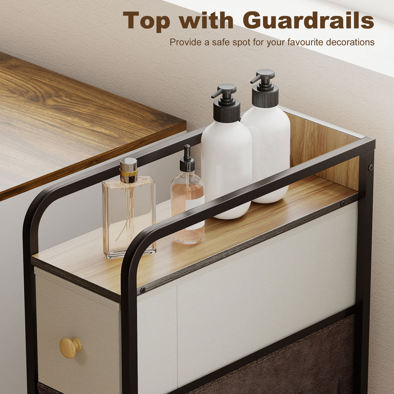 Slim Chest of Drawers for Narrow Spaces with 4 Fabric Drawers and Guardrail Top Multicoloured