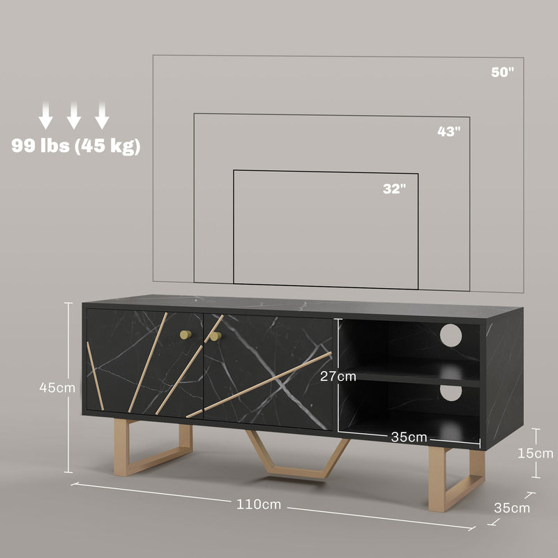 TV Stand Unit for TVs up to 50 Inches with Storage Shelves and Cupboard Black Marble Tone
