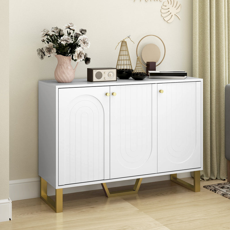 White 3 Door Sideboard Storage Cabinet with Adjustable Shelves and Modern Design