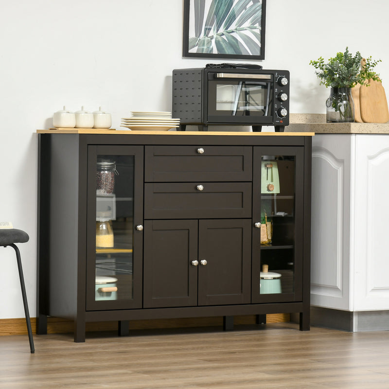 Buffet Sideboard Cabinet, Adjustable Shelves, Glass Doors for Organised Home Storage Oak Top, Black/Brown