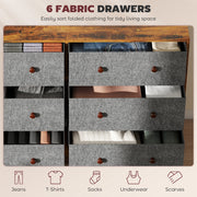 6 Drawer Fabric Chest of Drawers with Wooden Top for Bedroom Storage Grey and Rustic Brown