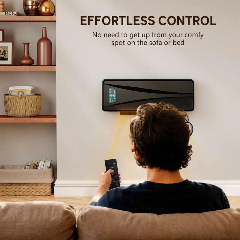 2000W Wall Mounted Ceramic Electric Heater With Fan Remote And Thermostat Control Black