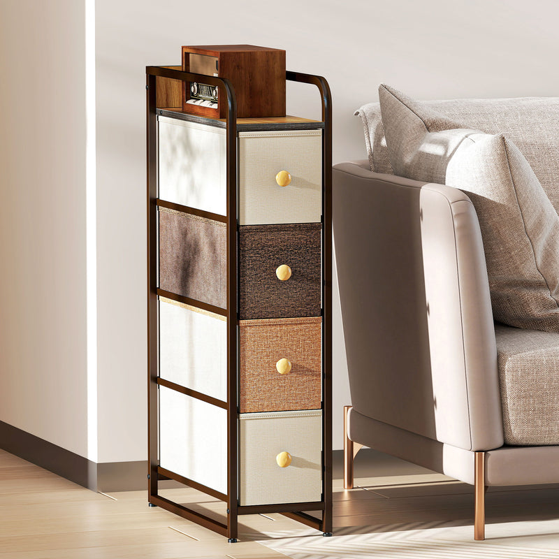 Slim Chest of Drawers for Narrow Spaces with 4 Fabric Drawers and Guardrail Top Multicoloured