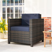 Rattan Garden Armchair With Thick Padded Cushion For Outdoor Relaxing Mixed Brown Navy Blue AOSOM