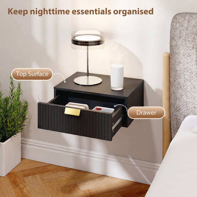 Floating Wall Mounted Bedside Table Set of 2 with Drawer for Clutter Free Bedroom Black AOSOM