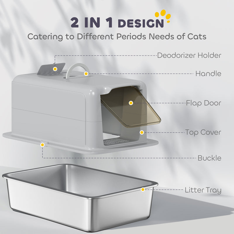 Stainless Steel Cat Litter Box with Scoop and Filter Bags for Large Cats Grey