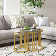 Set of 2 Nesting Round Coffee Tables with Tempered Glass Tops for Living Room, Gold Tone
