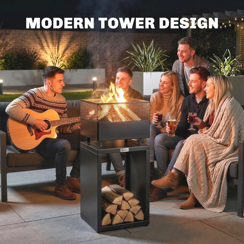 Garden Fire Pit with Log Storage for Tidy and Warm Evenings Outdoors Black Outsunny